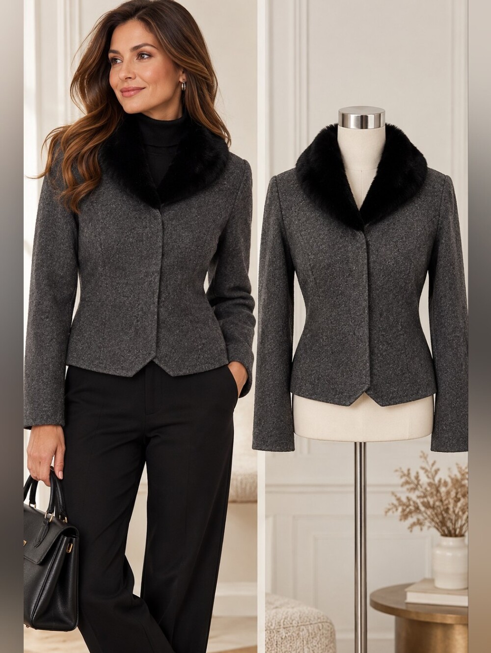 Villager Petite Liz Claiborne 100% Wool Jacket Faux Fur Collar Charcoal PM